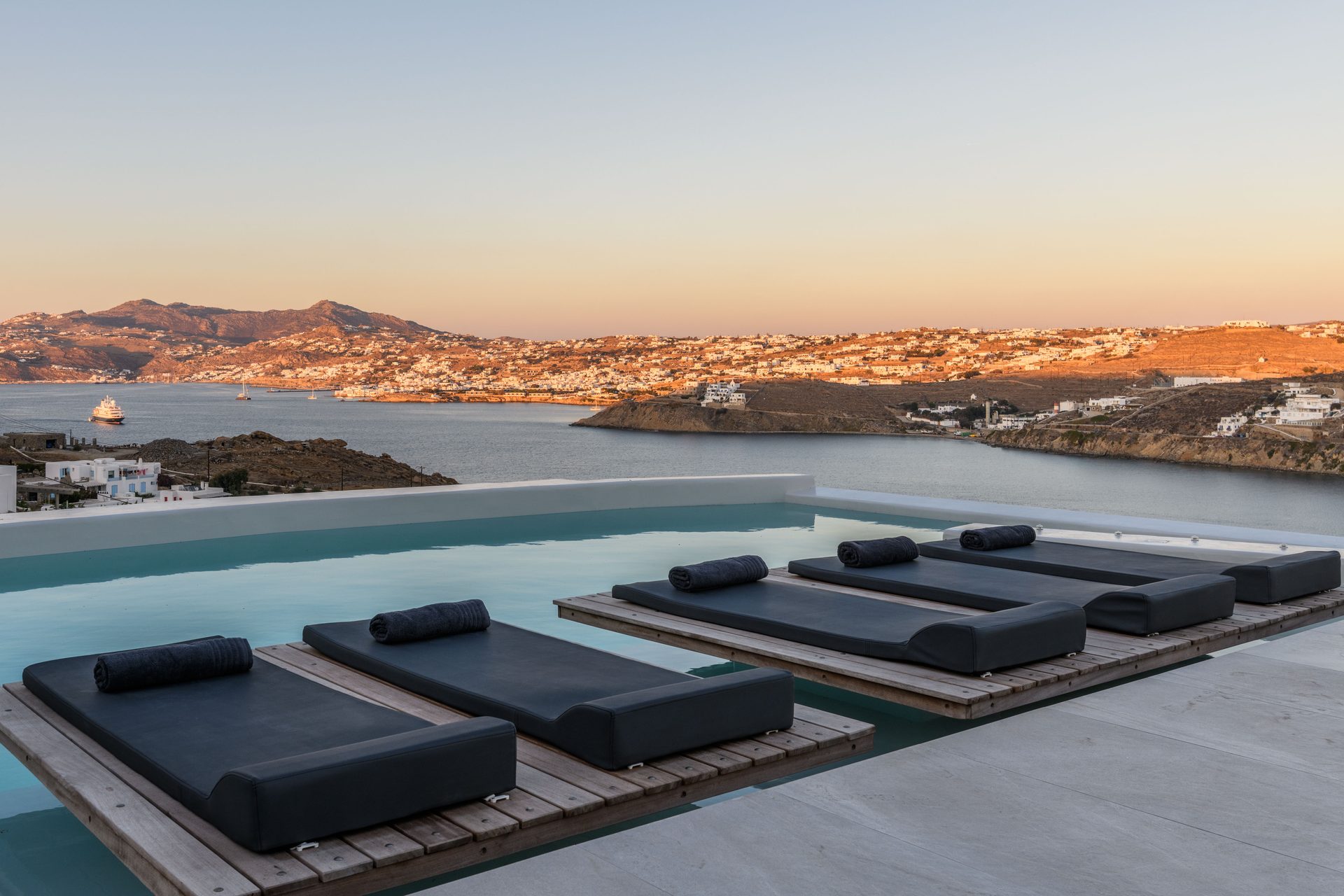 Pool at sunset at Villa Nerovino in Kanalia, Mykonos