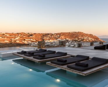 Infinity pool at sunset at Villa Nerovino in Kanalia, Mykonos