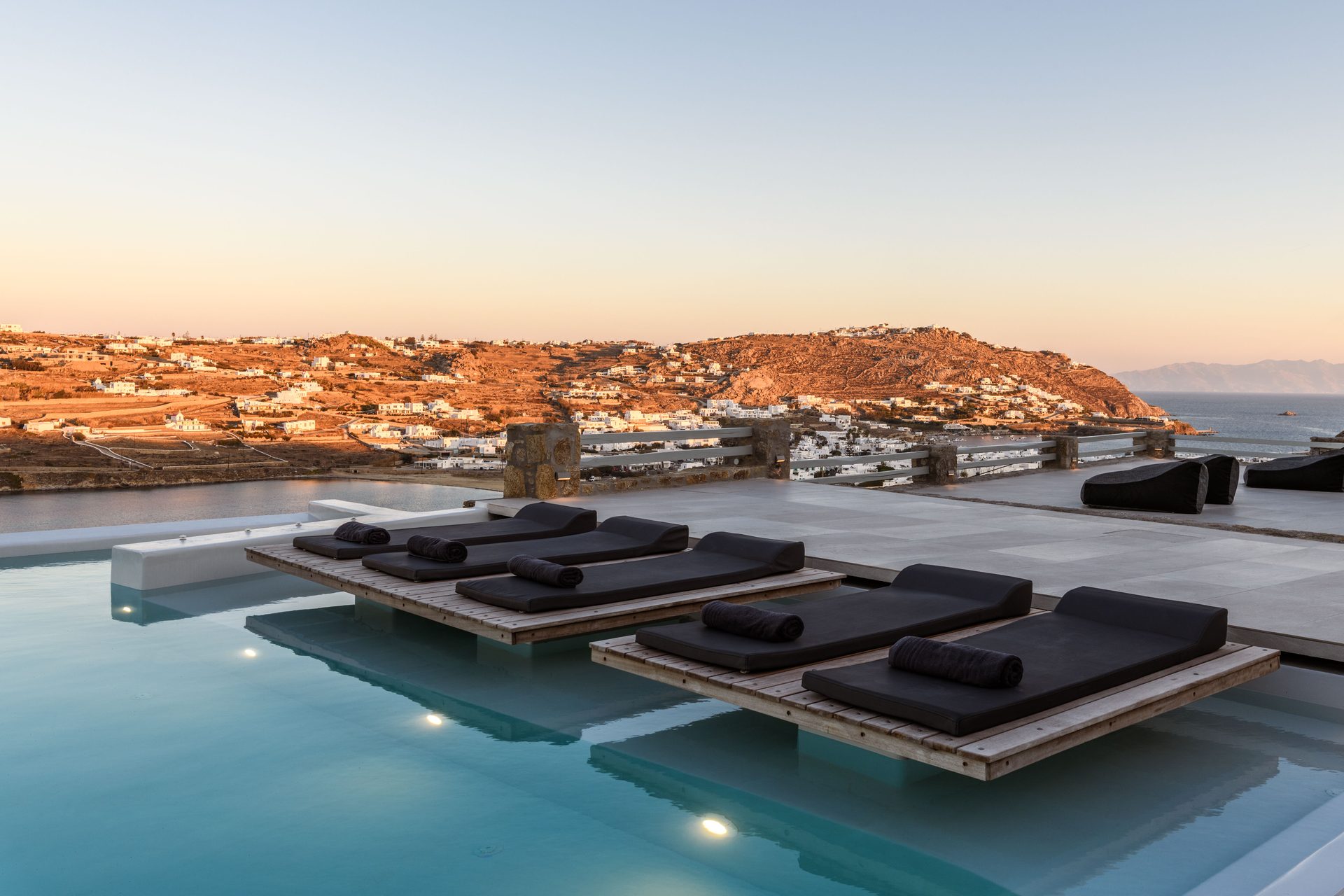Infinity pool at sunset at Villa Nerovino in Kanalia, Mykonos