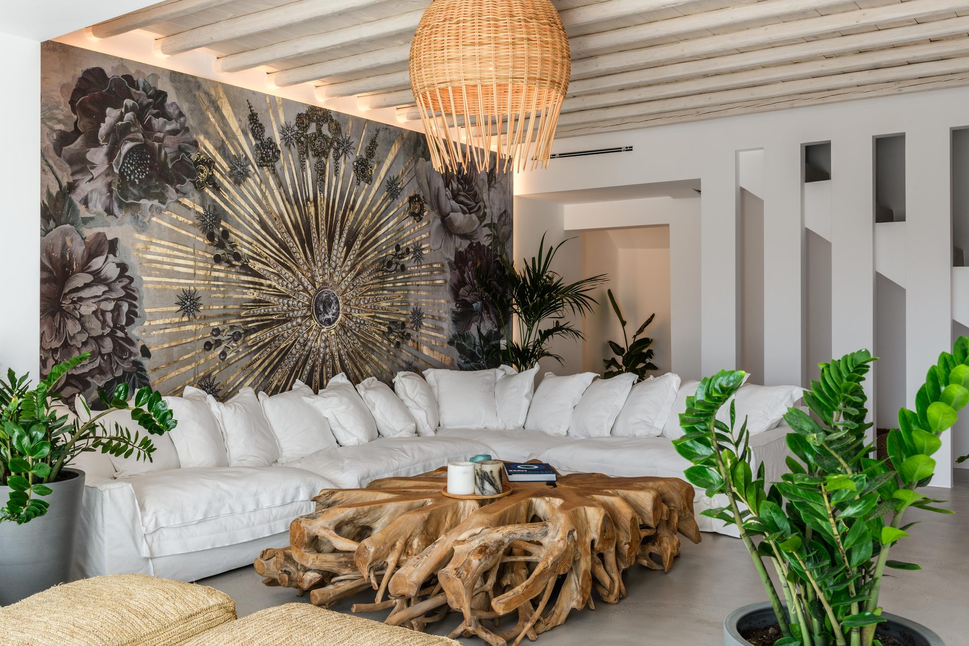 Lounge with artwork at Villa Nerovino in Kanalia, Mykonos
