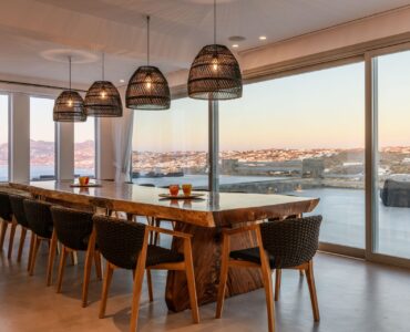 Dining area with sea view at Villa Nerovino in Kanalia, Mykonos