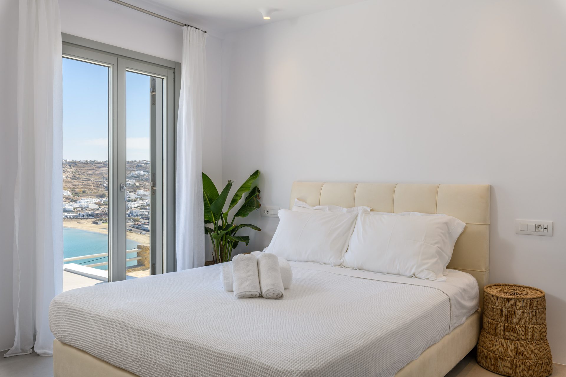 Bedroom with sea view at Villa Nerovino in Kanalia, Mykonos