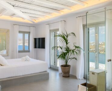 Bedroom with garden view at Villa Nerovino in Kanalia, Mykonos