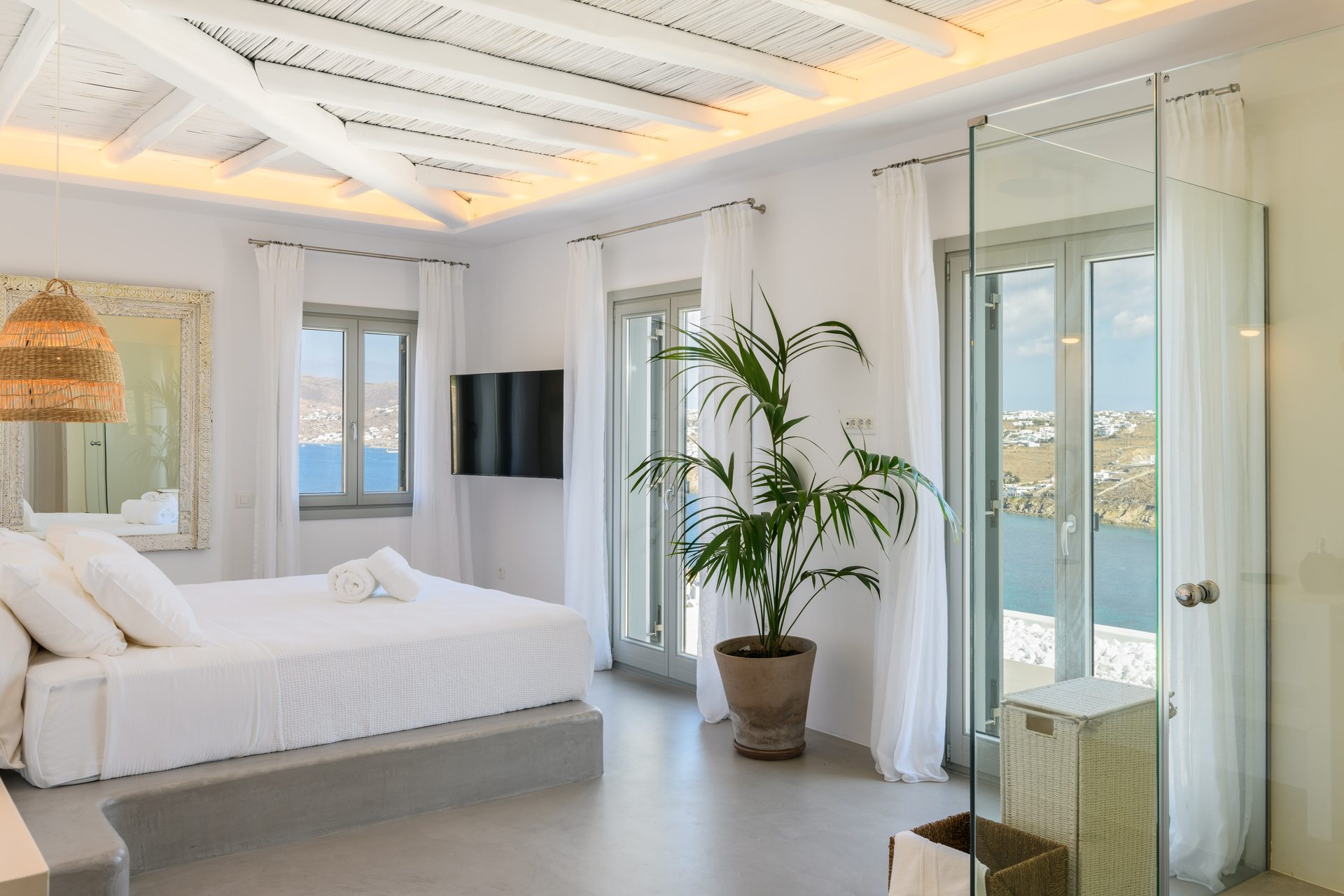 Bedroom with garden view at Villa Nerovino in Kanalia, Mykonos