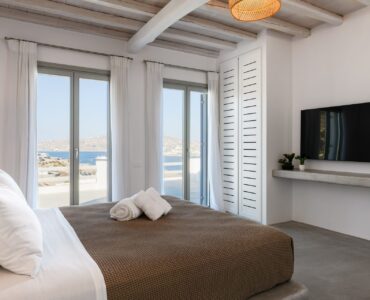 Bedroom with sea view at Villa Nerovino in Kanalia, Mykonos