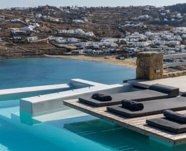 Pool overlooking the bay at Villa Nerovino in Kanalia, Mykonos