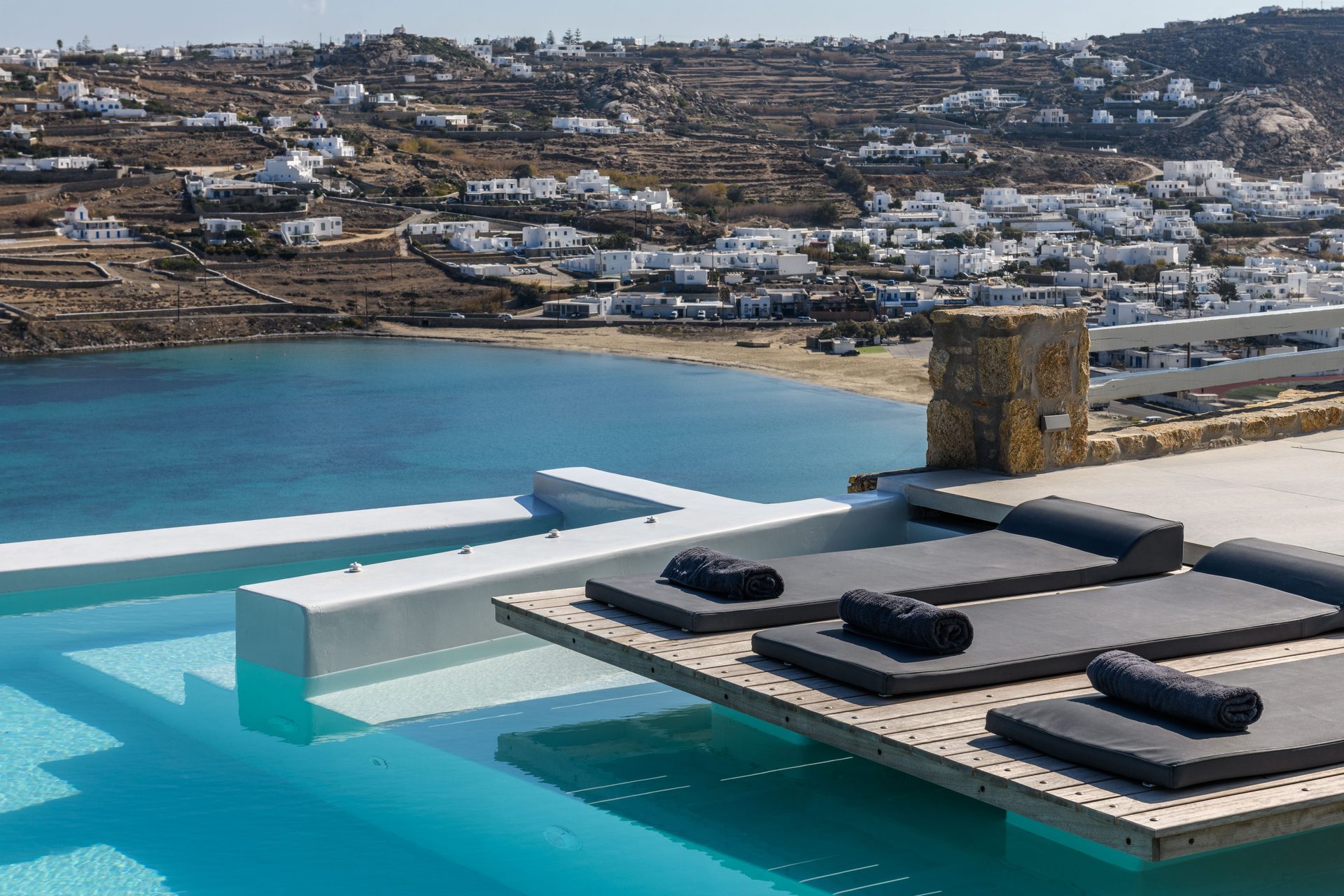 Pool overlooking the bay at Villa Nerovino in Kanalia, Mykonos
