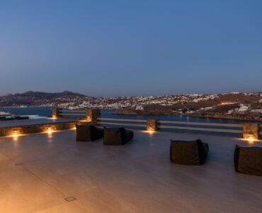 Terrace at dusk at Villa Nerovino in Kanalia, Mykonos