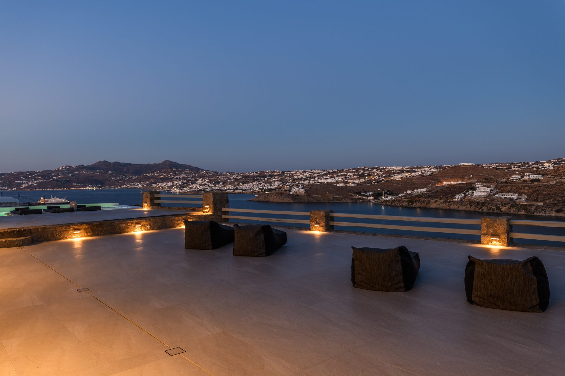 Terrace at dusk at Villa Nerovino in Kanalia, Mykonos
