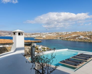 Pool with view over the bay at Villa Nerovino in Kanalia, Mykonos