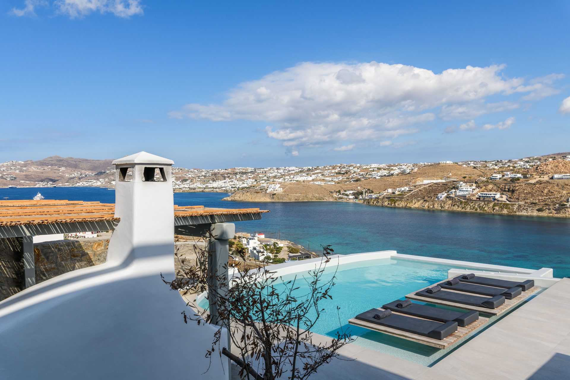 Pool with view over the bay at Villa Nerovino in Kanalia, Mykonos