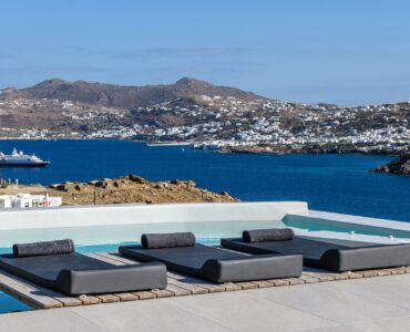 Pool with views of Mykonos Town at Villa Nerovino in Kanalia, Mykonos