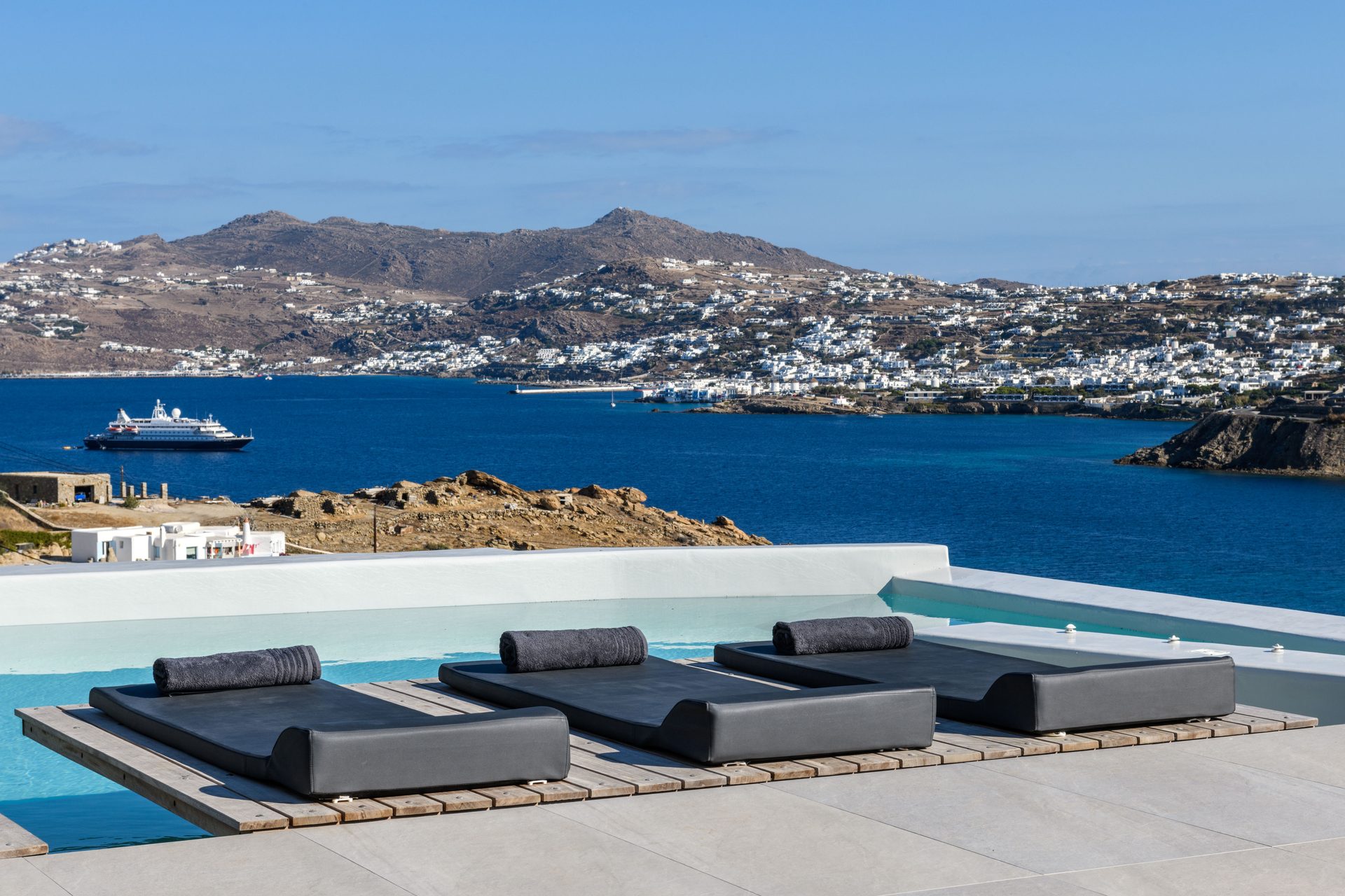 Pool with views of Mykonos Town at Villa Nerovino in Kanalia, Mykonos