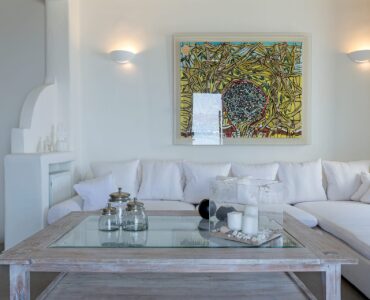Lounge with artwork at Villa Pergisos in Kanalia, Mykonos