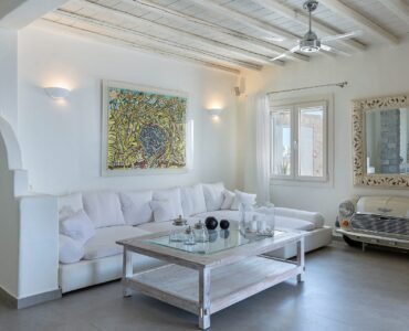 Living room at Villa Pergisos in Kanalia, Mykonos