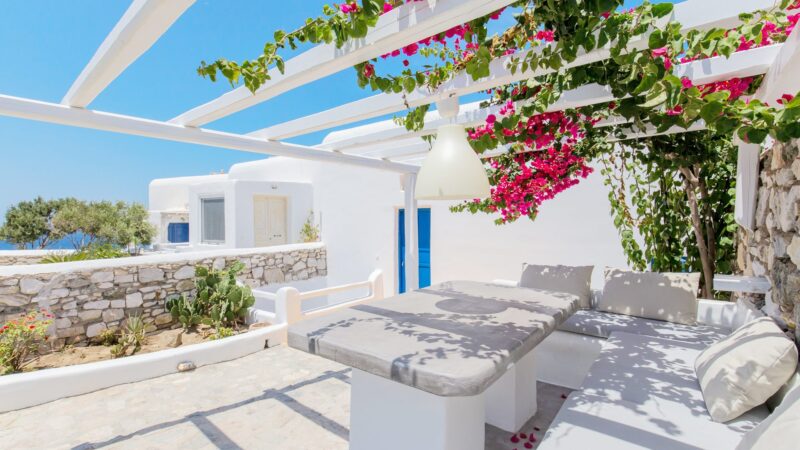 Pergola terrace with bougainvillea at Villa Phaedra in Pouli, Mykonos