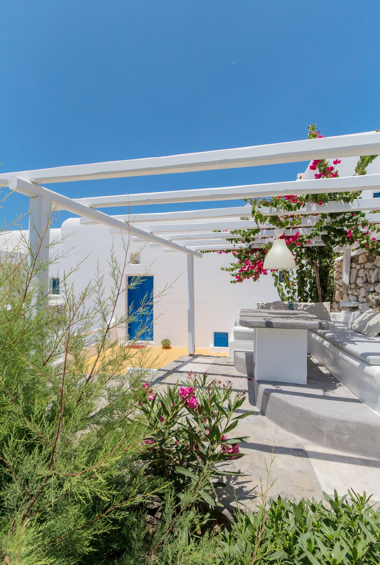 Garden terrace and pergola at Villa Phaedra in Pouli, Mykonos