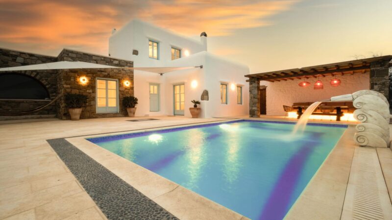 Private pool at sunset at Villa Uranos in Psarou, Mykonos