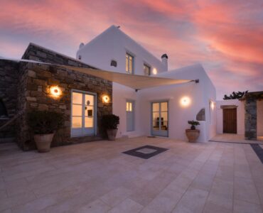 Courtyard at sunset at Villa Uranos in Psarou, Mykonos