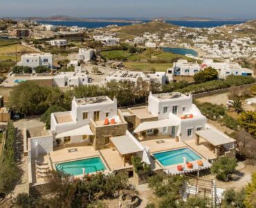 Aerial view of the villa and surroundings at Villa Uranos in Psarou, Mykonos