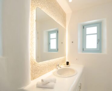 Bathroom vanity at Villa Uranos in Psarou, Mykonos
